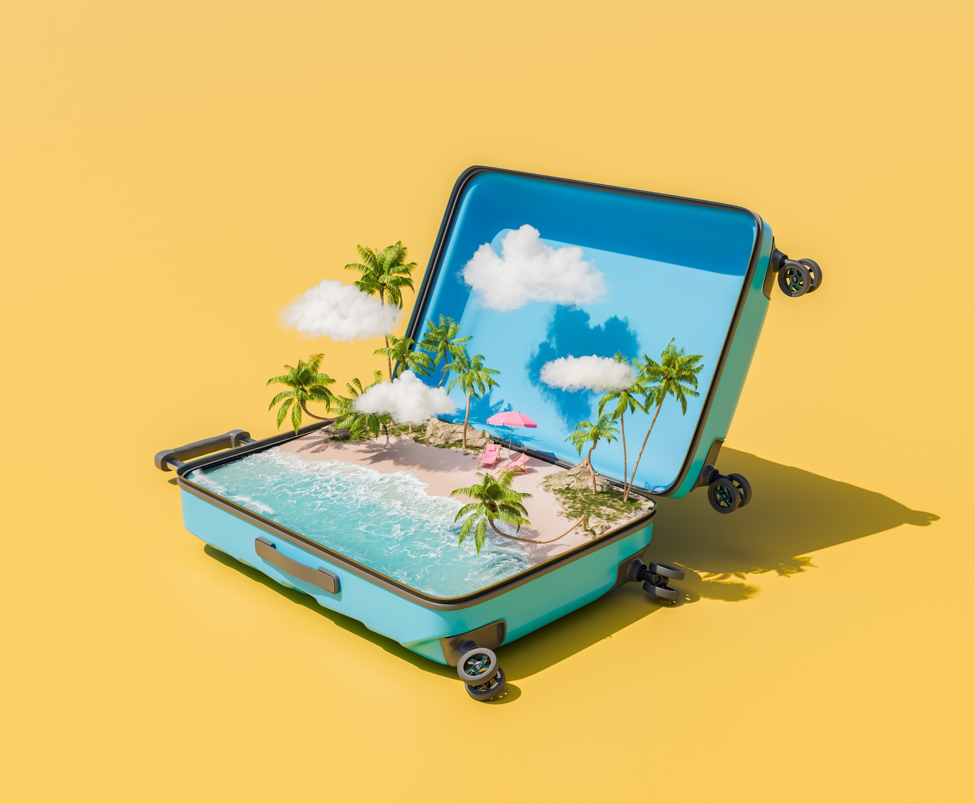 Open Suitcase with a Miniature Tropical Beach Oasis